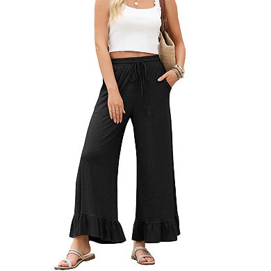 Women's Wide Leg Pants Casual Elastic Waist Pull-On Trousers with Ruffle Hem