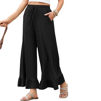 Women's Wide Leg Pants Casual Elastic Waist Pull-On Trousers with Ruffle Hem