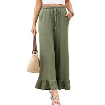 Women's Wide Leg Pants Casual Elastic Waist Pull-On Trousers with Ruffle Hem
