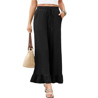 Women's Wide Leg Pants Casual Elastic Waist Pull-On Trousers with Ruffle Hem
