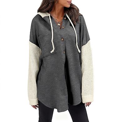 Women's Oversized Casual Color-Block Hoodie Long Sleeve Knit Pullover with Front Buttons