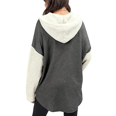 Women's Oversized Casual Color-Block Hoodie Long Sleeve Knit Pullover with Front Buttons