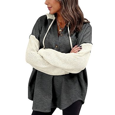 Women's Oversized Casual Color-Block Hoodie Long Sleeve Knit Pullover with Front Buttons
