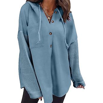 Women's Oversized Casual Color-Block Hoodie Long Sleeve Knit Pullover with Front Buttons