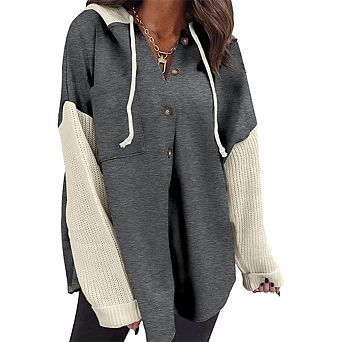 Women's Oversized Casual Color-Block Hoodie Long Sleeve Knit Pullover with Front Buttons