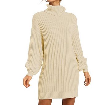 Womens Turtle Neck Lantern Long Sleeve Midi Casual Knit Sweater Dress