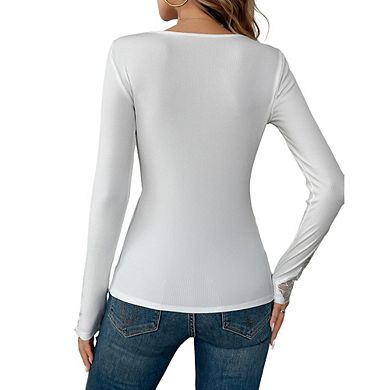 Womens Long Sleeve T Shirt Top Lace Trim Elegant Casual Tops