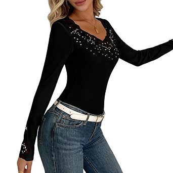 Womens Long Sleeve T Shirt Top Lace Trim Elegant Casual Tops