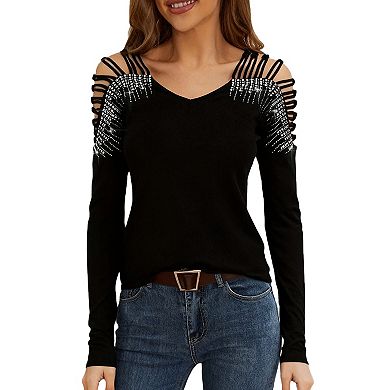 Women's Fashion Cold Shoulder Sequin Top Long Sleeve V Neck Cutout Evening Casual Blouse