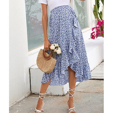 Women's Maternity Summer Pleated Midi Skirt Casual High Waist Boho Flowy Wrap Split Long Skirt