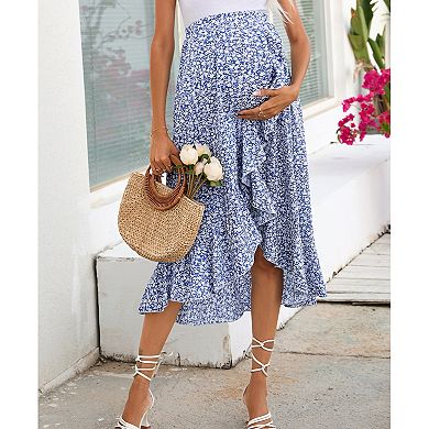 Women's Maternity Summer Pleated Midi Skirt Casual High Waist Boho Flowy Wrap Split Long Skirt