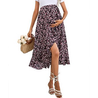 Women's Maternity Summer Pleated Midi Skirt Casual High Waist Boho Flowy Wrap Split Long Skirt