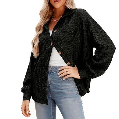 Women's Loose Fit Lapel Collar Long Sleeve Button Down Oversized Shirt Jacket with Chest Pocket