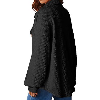Women's Loose Fit Lapel Collar Long Sleeve Button Down Oversized Shirt Jacket with Chest Pocket