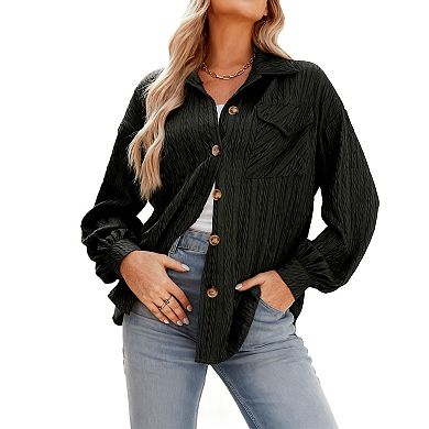 Women's Loose Fit Lapel Collar Long Sleeve Button Down Oversized Shirt Jacket with Chest Pocket