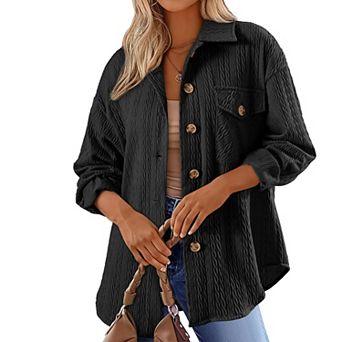 Women's Loose Fit Lapel Collar Long Sleeve Button Down Oversized Shirt Jacket with Chest Pocket