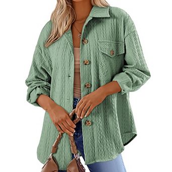 Women's Loose Fit Lapel Collar Long Sleeve Button Down Oversized Shirt Jacket with Chest Pocket