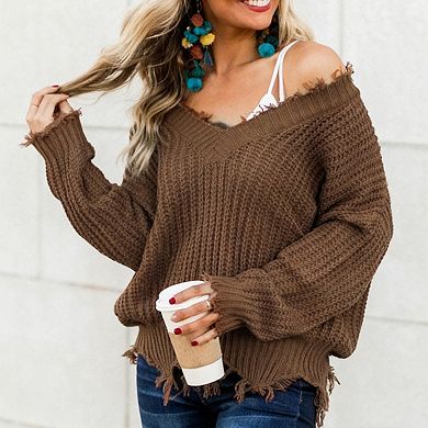 Women's Off Shoulder Distressed Knit Sweater V Neck Oversized Casual Pullover