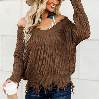 Women's Off Shoulder Distressed Knit Sweater V Neck Oversized Casual Pullover