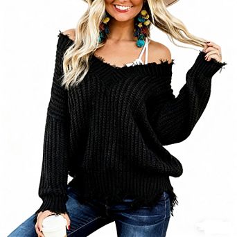Women's Off Shoulder Distressed Knit Sweater V Neck Oversized Casual Pullover