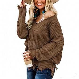 Women's Off Shoulder Distressed Knit Sweater V Neck Oversized Casual Pullover