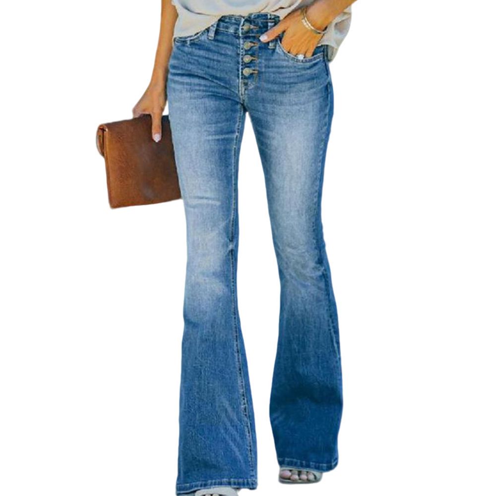 Womens High Waist Button Casual Denim Pants Jeans