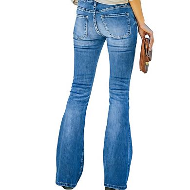 Womens High Waist Button Casual Denim Pants Jeans