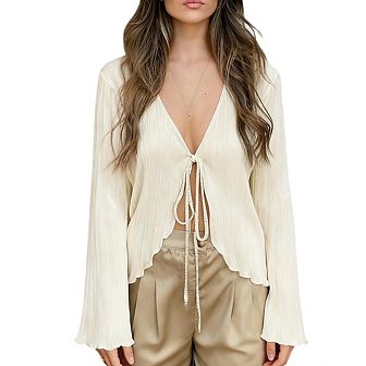 Womens V Neck Long Bell Sleeve Tie Front Blouse Shirt