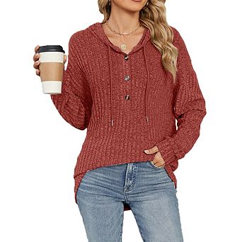 Women's Sweatshirt Ribbed Knit Henley Hoodie Long Sleeve Button-Up Pullover