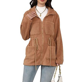 Womens Long Sleeve Loose Fit Zipper Casual Pocket Plush Jacket Coat