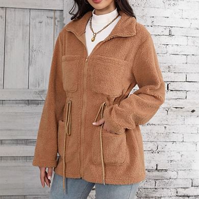 Womens Long Sleeve Loose Fit Zipper Casual Pocket Plush Jacket Coat