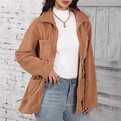 Womens Long Sleeve Loose Fit Zipper Casual Pocket Plush Jacket Coat