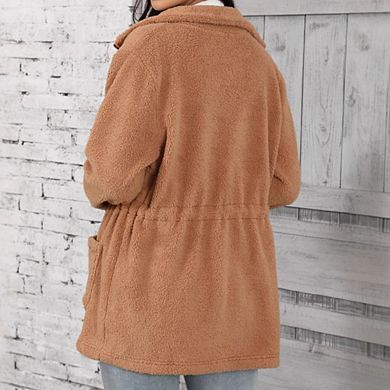 Womens Long Sleeve Loose Fit Zipper Casual Pocket Plush Jacket Coat