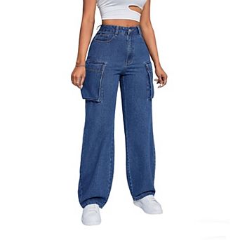 Women's Vintage Cargo Jeans High Waisted Baggy Denim Pants with Utility Pockets