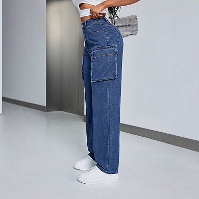 Women's Vintage Cargo Jeans High Waisted Baggy Denim Pants with Utility Pockets