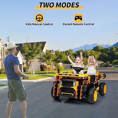 24V 2-Seater Kids Ride On Dump Truck, Electric Construction Car w/Remote, 2WD/4WD, Lift Bed, Shovel
