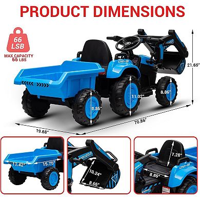 12V Kids Ride-On Excavator Tractor, Electric Vehicles w/Detachable Trailer, Remote, LED, Music