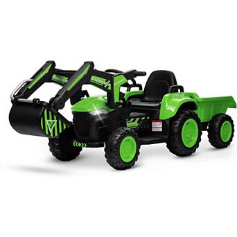 12V Kids Ride-On Excavator Tractor, Electric Vehicles w/Detachable Trailer, Remote, LED, Music