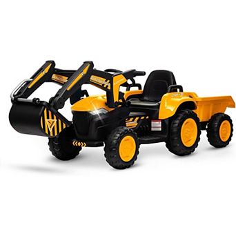 12V Kids Ride-On Excavator Tractor, Electric Vehicles w/Detachable Trailer, Remote, LED, Music