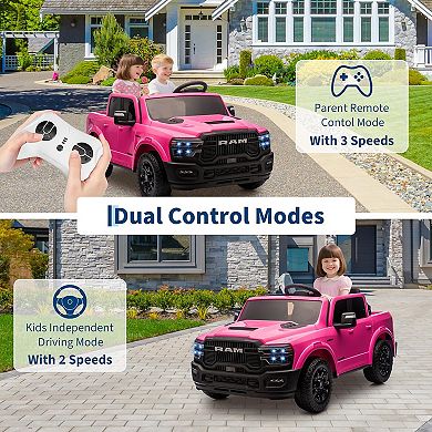2-Seater Kids Electric RAM 2500 Ride-On Truck, 24V w/Remote, Bluetooth, 3 Speeds, Suspension