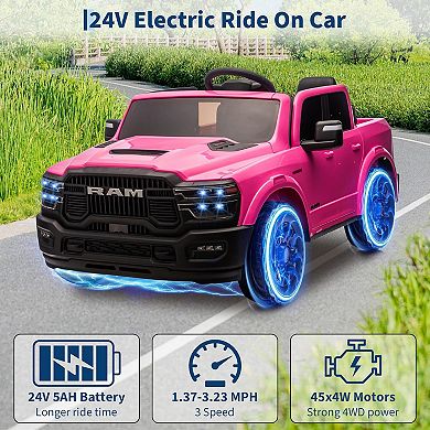 2-Seater Kids Electric RAM 2500 Ride-On Truck, 24V w/Remote, Bluetooth, 3 Speeds, Suspension