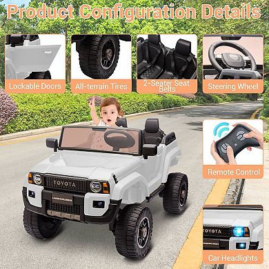 24V Licensed Toyota Land Cruiser Ride-On, 2-Seater 4WD/2WD Switch, Remote, LED, Bluetooth, Shovel