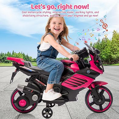 6V Kids Ride-On Motorcycle w/ Training Wheels, Electric Bike Toy w/ Headlight, Horn & Music