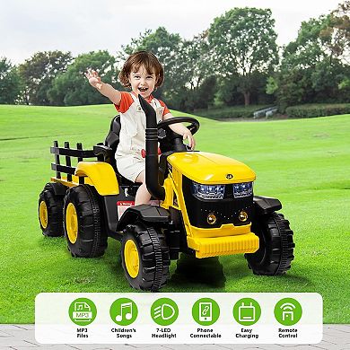 12V Kids Ride-On Tractor with Remote, Electric Tractor w/ Dual Motors, Detachable Trailer