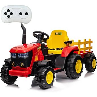 12V Kids Ride-On Tractor with Remote, Electric Tractor w/ Dual Motors, Detachable Trailer