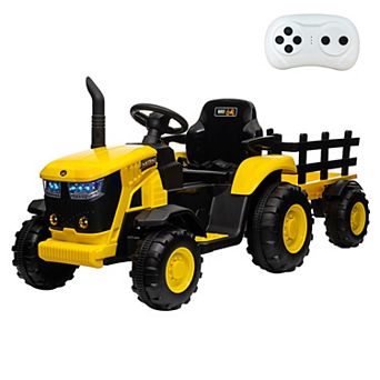 12V Kids Ride-On Tractor with Remote, Electric Tractor w/ Dual Motors, Detachable Trailer
