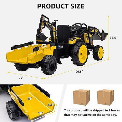 24V Kids Ride On Tractor, Excavator & Bulldozer w/ Trailer, Digger, Shovel Bucket, Remote, Lights