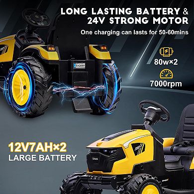 24V Kids Ride On Tractor, Excavator & Bulldozer w/ Trailer, Digger, Shovel Bucket, Remote, Lights