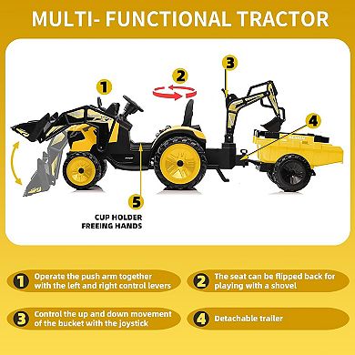 24V Kids Ride On Tractor, Excavator & Bulldozer w/ Trailer, Digger, Shovel Bucket, Remote, Lights