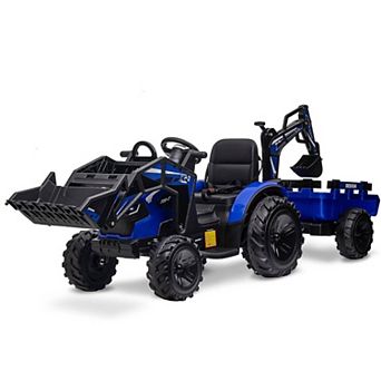 24V Kids Ride On Tractor, Excavator & Bulldozer w/ Trailer, Digger, Shovel Bucket, Remote, Lights